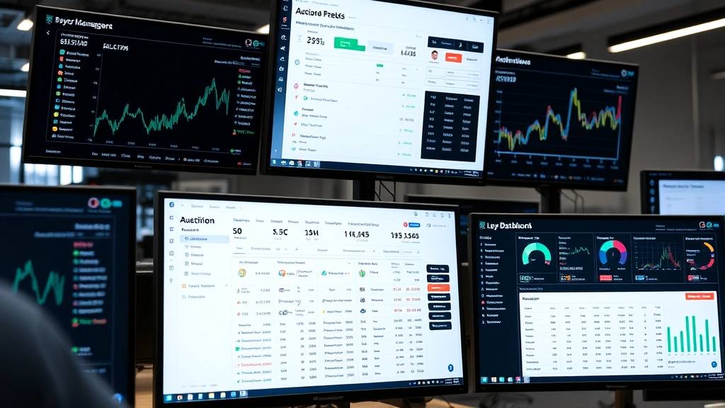 Digital auction platform displayed on multiple screens showing real-time bidding activity, buyer dashboards, and inventory management, professional tech environment with data visualizations