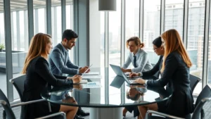 Professional business executives in modern corporate office collaborating around glass conference table with tablets and laptops, diverse team reviewing strategic documents, natural daylight from floor-to-ceiling windows, contemporary minimalist workspace design