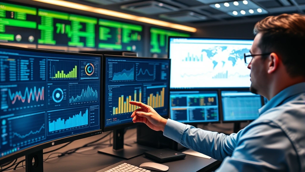 Data analyst reviewing advanced analytics dashboard on multiple monitors in technology operations center, real-time metrics and visualizations displayed, professional workspace with professional ambient lighting, focus on digital transformation and business intelligence