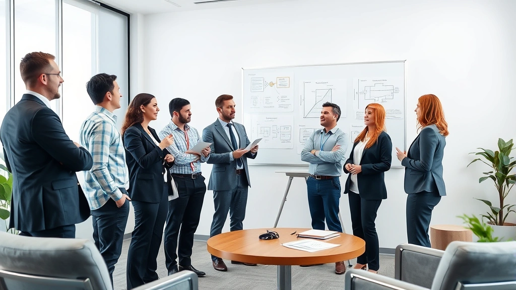 Team of diverse consultants in business casual attire presenting strategy to client stakeholders in modern boardroom, whiteboard with strategic diagrams visible in background, confident professional presentation environment with contemporary furnishings