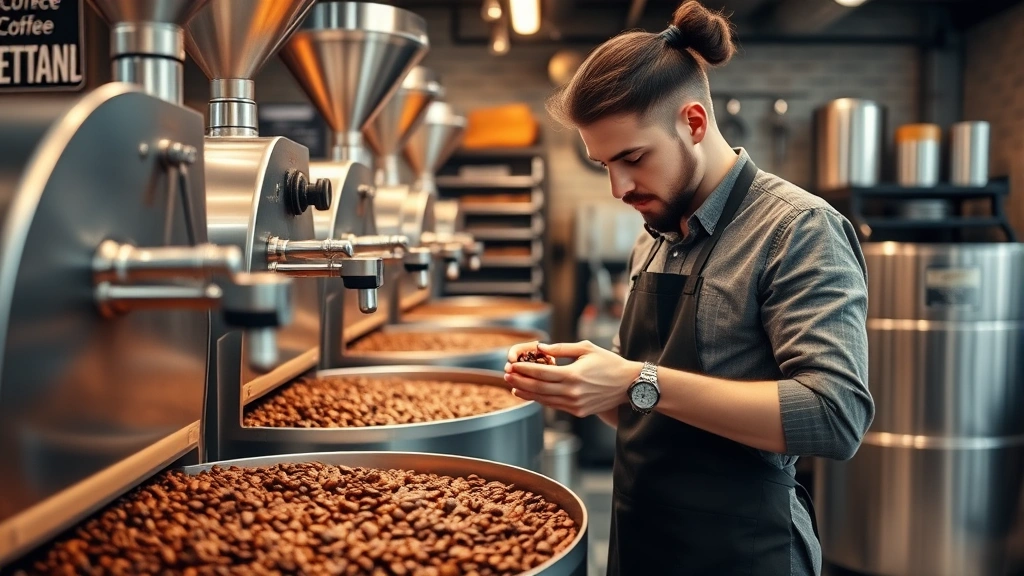 Professional coffee roasting facility with modern equipment, barista in apron examining roasted beans, warm lighting highlighting coffee quality and craftsmanship