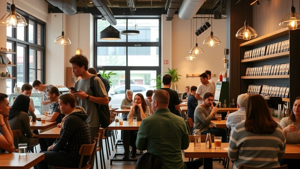 Contemporary coffee shop interior with customers enjoying beverages, wooden furniture, warm ambient lighting, displayed coffee packages on shelves, community-focused atmosphere