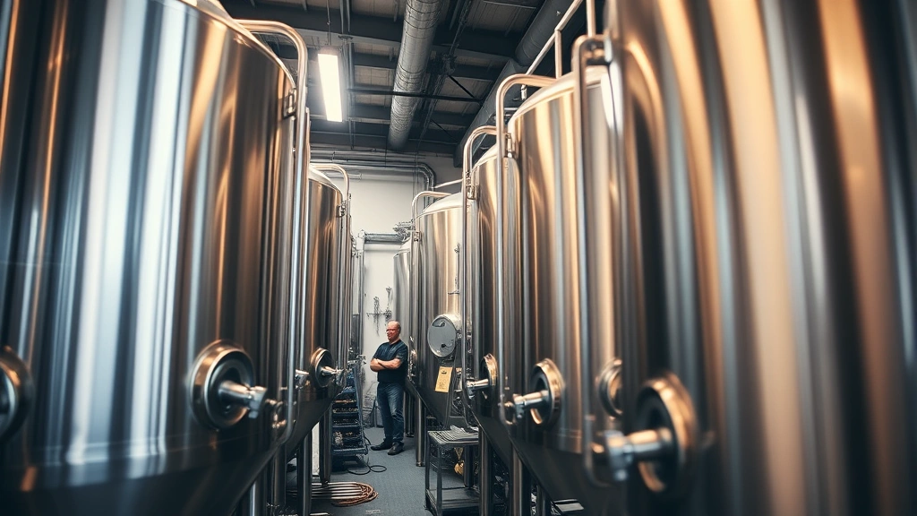Professional craft brewery interior with stainless steel fermentation tanks, warm lighting, modern equipment, brewmaster in background checking measurements, clean industrial aesthetic, high-quality photography
