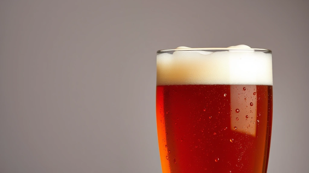 Perfectly poured double IPA beer in professional glassware showing rich amber color, thick creamy head, golden highlights, condensation on glass, isolated on neutral background, professional product photography