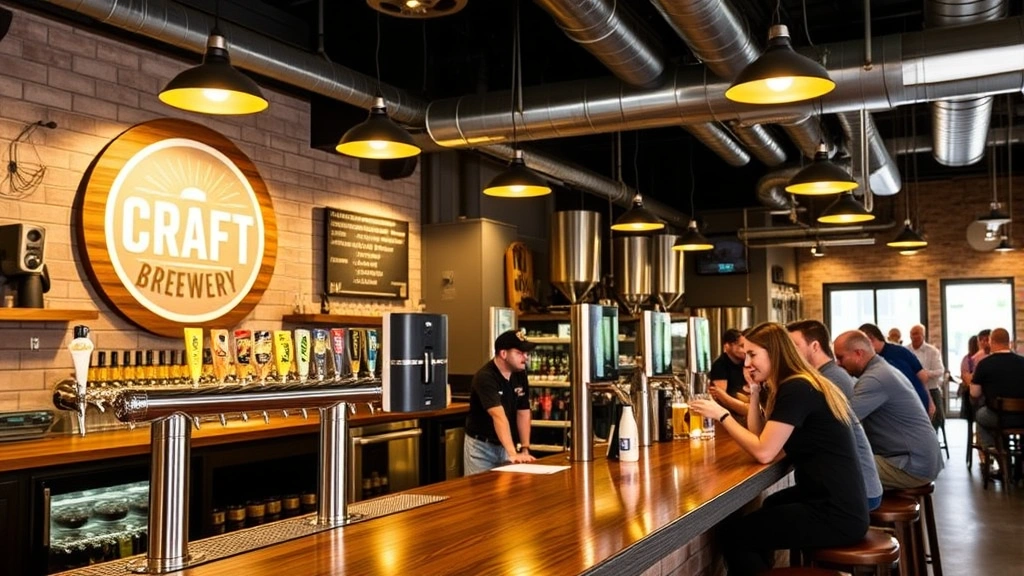 Craft brewery taproom with wooden bar counter, beer taps, customers enjoying beverages in casual professional setting, warm ambient lighting, modern rustic decor, authentic brewery atmosphere