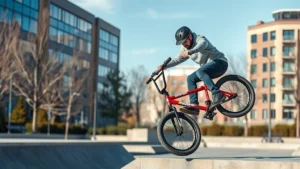 Professional BMX rider performing tricks on specialized bike in urban park setting, showcasing advanced equipment and skilled technique in action