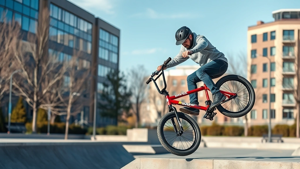 Professional BMX rider performing tricks on specialized bike in urban park setting, showcasing advanced equipment and skilled technique in action