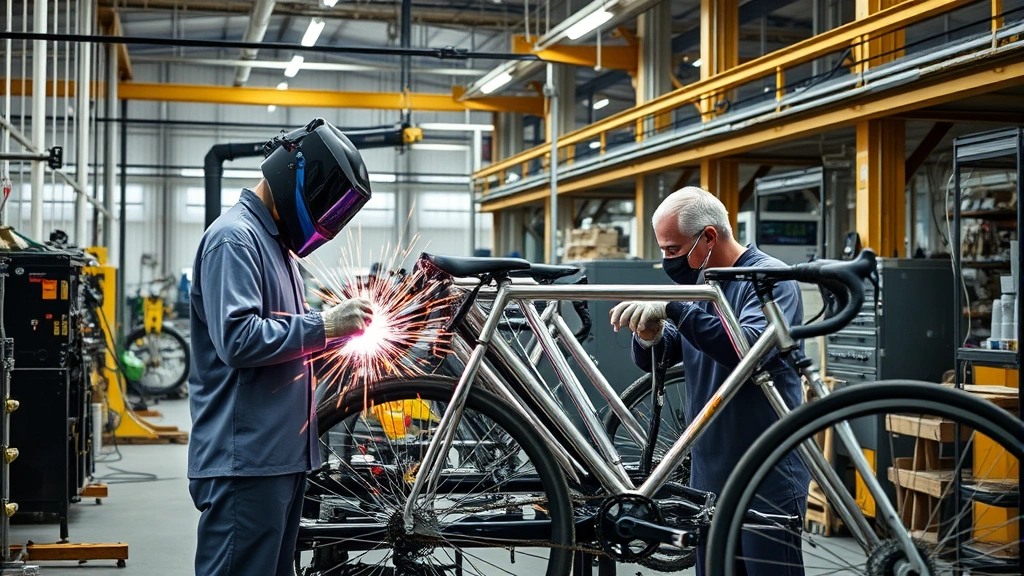 Modern bicycle manufacturing facility with precision welding equipment and quality control technicians inspecting chromoly frames in industrial workshop