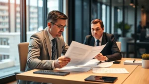Professional insurance agent reviewing policy documents with client at modern office desk, warm lighting, focused discussion, corporate setting