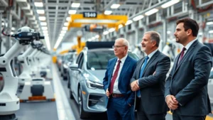 Executive leadership team in modern automotive manufacturing facility reviewing electric vehicle production line with advanced robotics and assembly automation systems, wearing professional business attire
