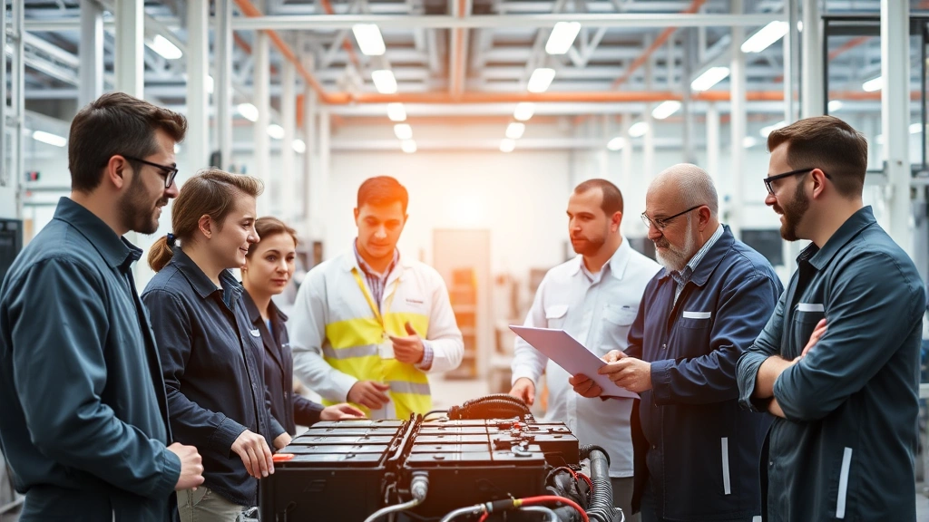 Diverse group of automotive engineers and technicians collaborating in high-tech research and development center with electric vehicle battery systems and charging infrastructure visible