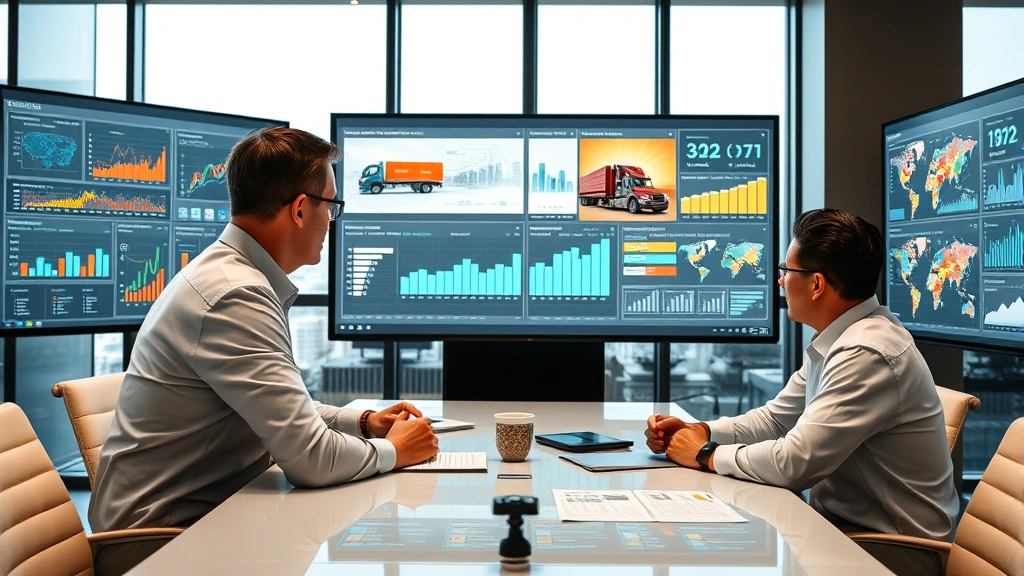 Senior management executives in contemporary conference room analyzing digital dashboards displaying real-time supply chain metrics, vehicle connectivity data, and production analytics on large screens