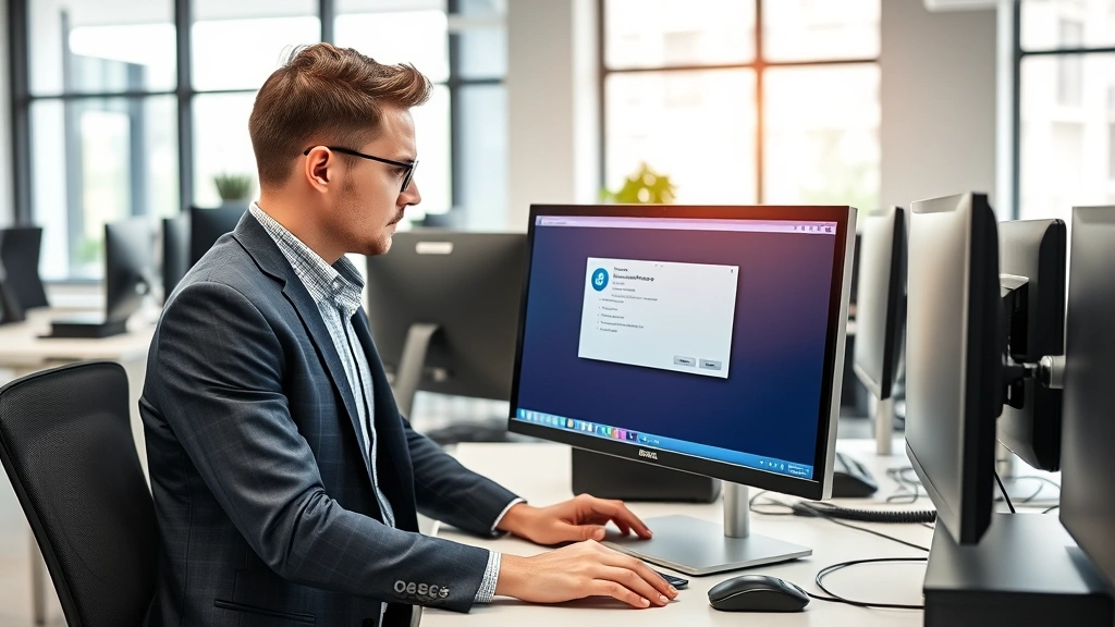 Professional IT technician in business casual attire installing printer drivers on a desktop computer, modern office environment with multiple devices visible, focused on monitor screen showing installation dialog, natural lighting through office windows, clean desk with technology equipment