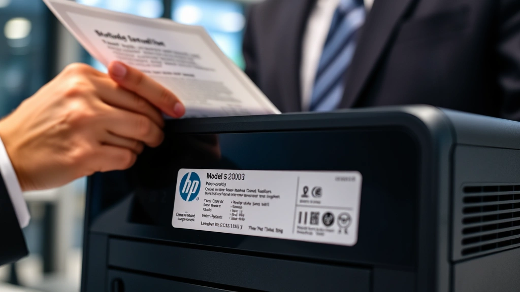 Close-up of HP device control panel and specifications label visible, hands holding documentation or device manual, professional business setting, showing model identification details clearly, corporate office background, emphasizing device identification and technical documentation review