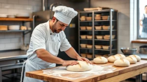 Professional artisan baker in white apron and chef's hat hand-shaping bread dough on wooden work surface in modern bakery kitchen with stainless steel equipment visible in background