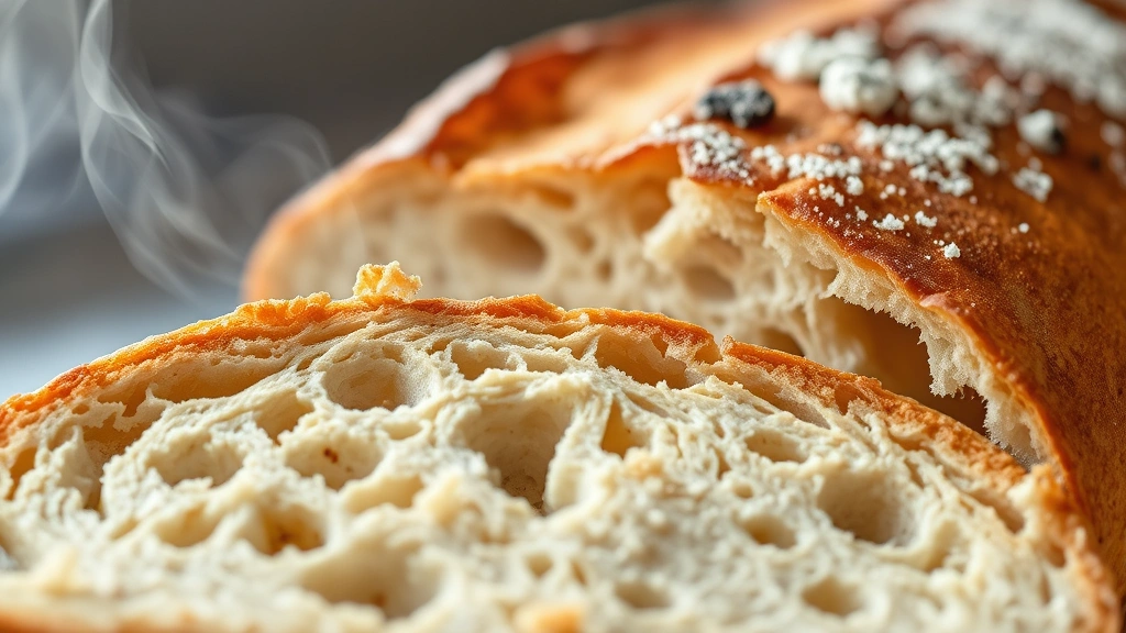 Close-up macro photography of freshly baked artisan bread loaf with golden-brown crust showing steam and texture detail, sliced to reveal open crumb structure with irregular holes