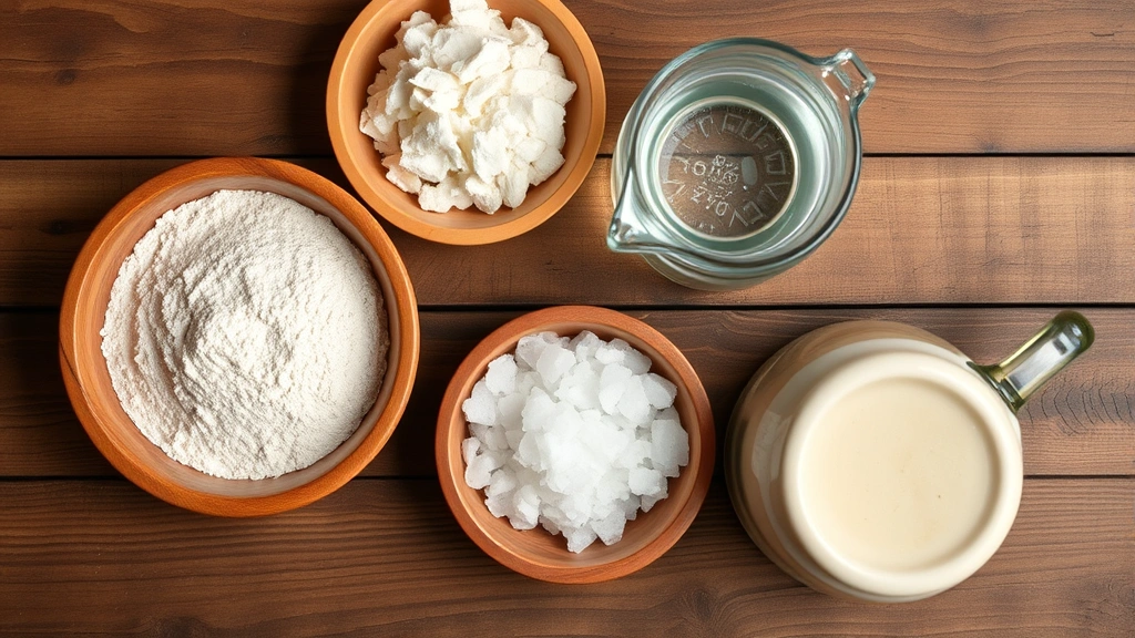 Overhead flat lay arrangement of premium bread-making ingredients including stone-ground flour in wooden bowls, sea salt crystals, pure water in glass pitcher, and natural sourdough starter in ceramic jar on rustic wooden table