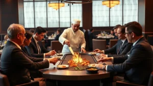 Professional executives in business attire seated around a hibachi teppanyaki grill with a skilled chef in white uniform preparing food with precision knife techniques, warm lighting, upscale restaurant ambiance