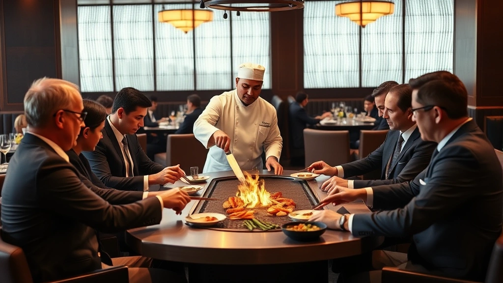Professional executives in business attire seated around a hibachi teppanyaki grill with a skilled chef in white uniform preparing food with precision knife techniques, warm lighting, upscale restaurant ambiance