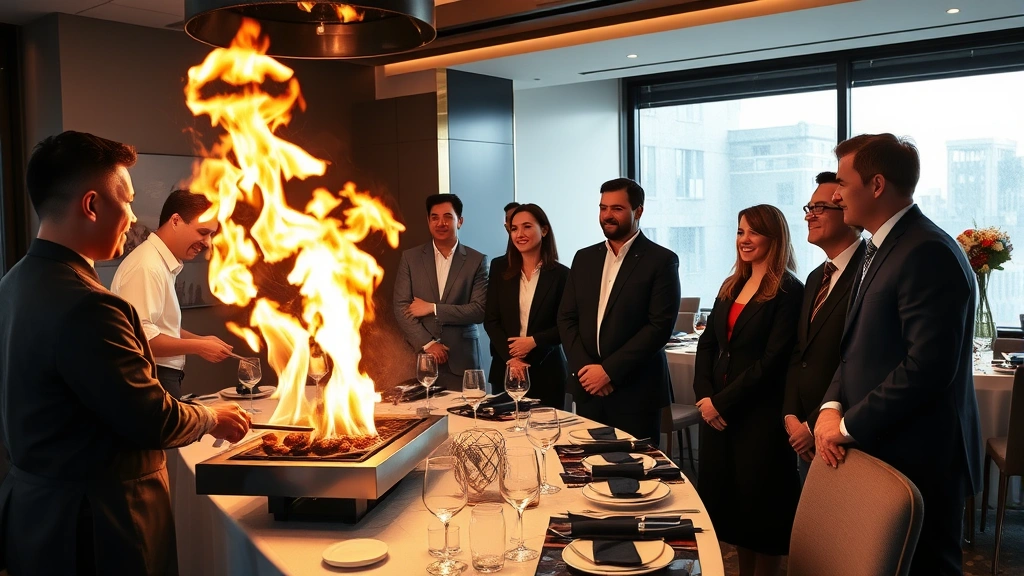 Corporate team members smiling and engaged while watching a hibachi chef perform theatrical cooking with flames and skillful presentation, modern private dining room with elegant table settings