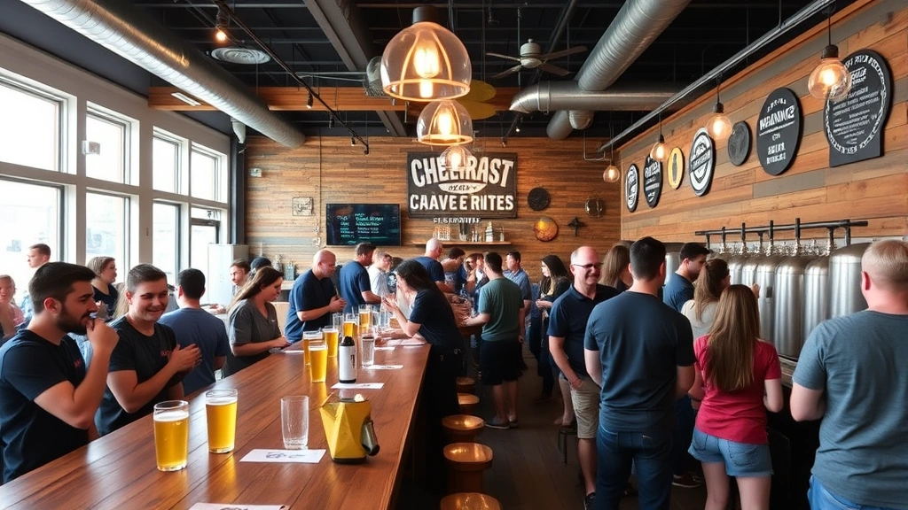 Bustling craft brewery taproom with wooden bar counter, customers enjoying beverages, pendant lighting, and casual social atmosphere showcasing brand experience