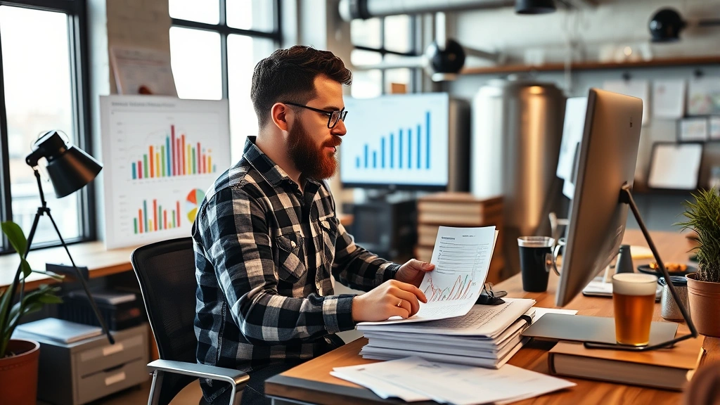 Brewery owner reviewing financial reports and growth metrics on computer workstation surrounded by business planning documents in modern office environment