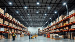 Large-scale modern logistics warehouse facility with organized inventory systems, professional warehouse staff, and advanced material handling equipment in a clean, well-lit industrial environment