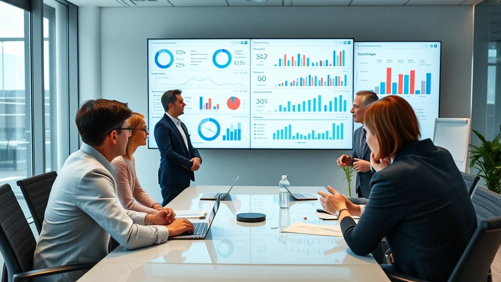 Corporate executive team in contemporary office setting reviewing strategic performance dashboards and analytics on large display screens, professional business attire, collaborative discussion environment