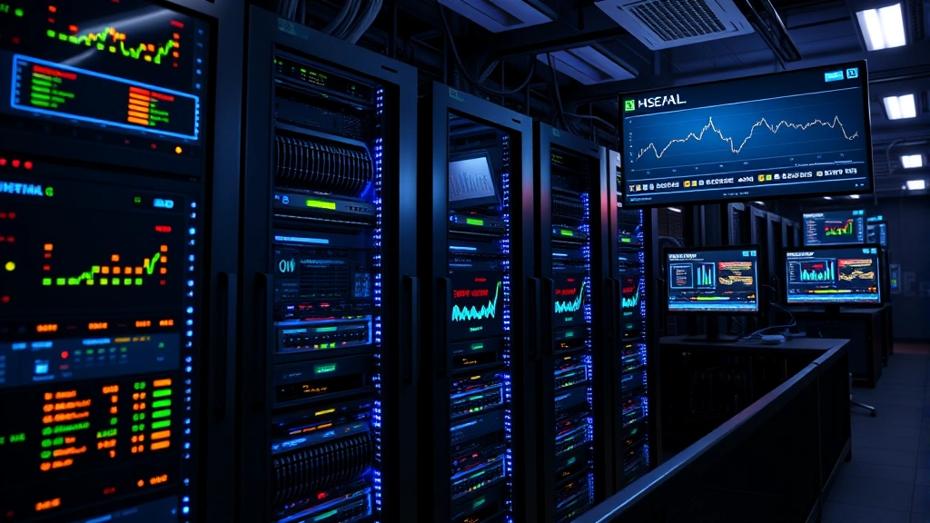 State-of-the-art data center with server infrastructure, network monitoring systems, glowing indicator lights, and real-time performance metrics displayed on multiple screens in a secure facility
