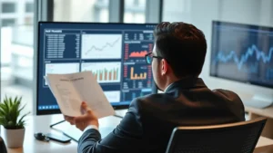 Professional businessman in modern office reviewing financial documents and investment portfolio on computer screen, sophisticated wealth management setting with charts and data visible in background