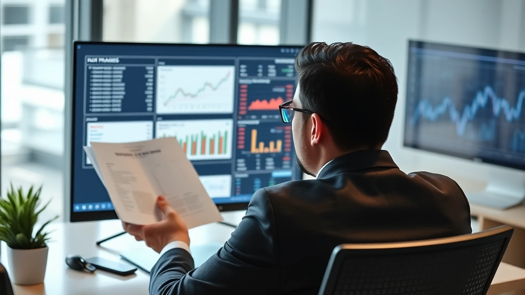 Professional businessman in modern office reviewing financial documents and investment portfolio on computer screen, sophisticated wealth management setting with charts and data visible in background