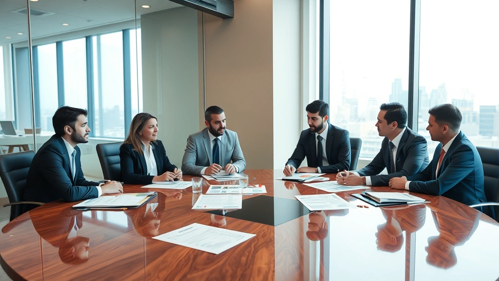 Diverse team of financial advisors and executives in contemporary boardroom conducting strategic planning meeting around polished conference table with financial reports