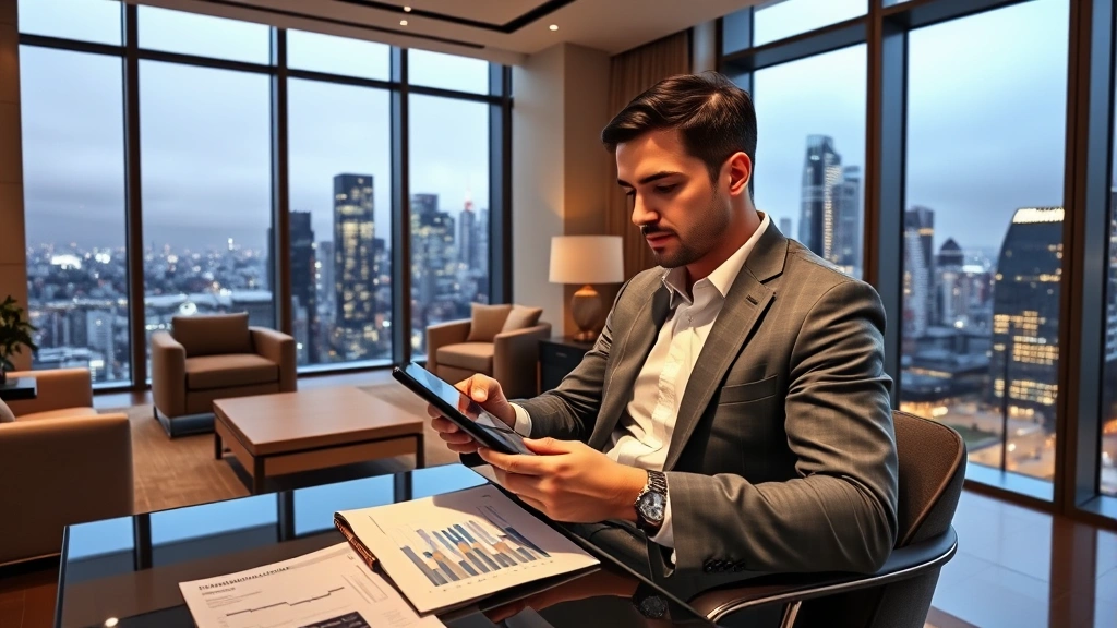 High-net-worth individual reviewing consolidated holding company financial statements on tablet device in upscale home office with city skyline visible through floor-to-ceiling windows