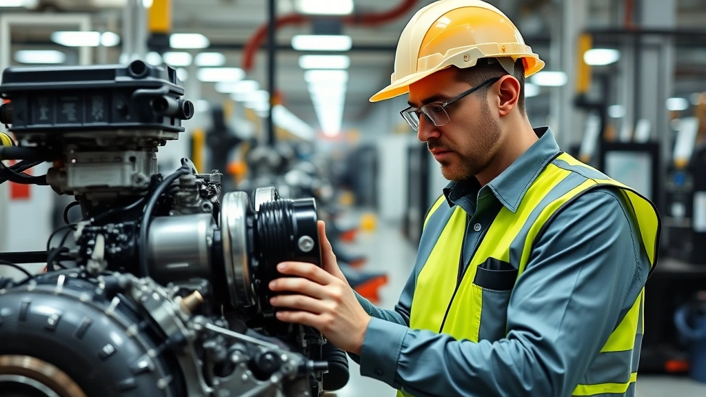 Professional engineer in hard hat and safety vest examining automotive engine components in modern Honda manufacturing facility with precision machinery and quality control equipment visible in background