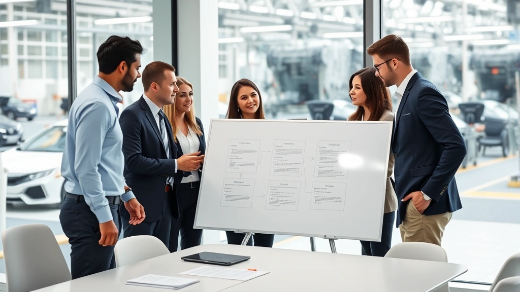 Diverse team of Honda professionals in business casual attire collaborating in sleek corporate meeting room with large windows overlooking automotive manufacturing plant, discussing strategy on whiteboard