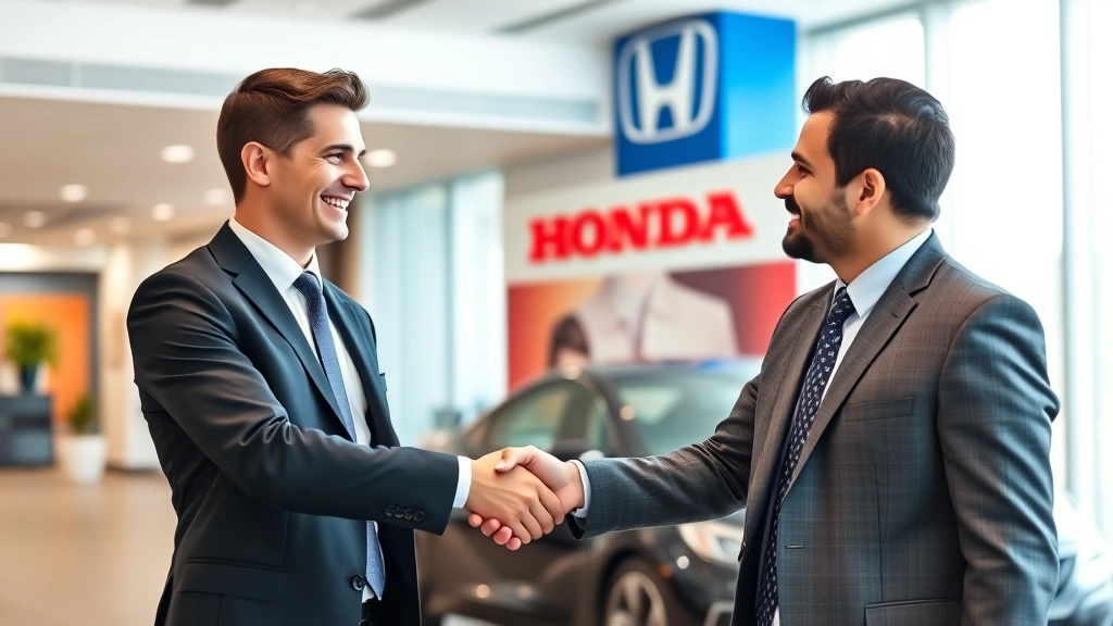 Young professional candidate in business suit shaking hands with Honda hiring manager in modern office environment with company branding visible, representing successful job interview conclusion