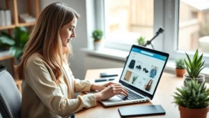 Professional woman shopping online on laptop at home office desk, holding credit card, reviewing sustainable household products on screen, natural daylight from window, modern minimalist workspace aesthetic