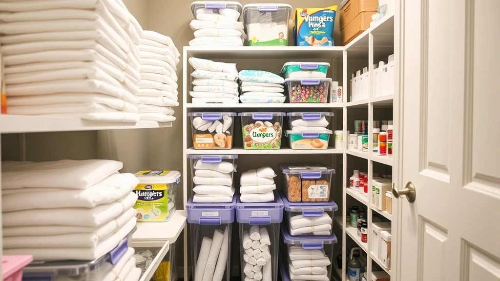 Organized home storage area displaying neatly stacked diapers, wipes, and household essentials in clear containers, clean white shelving system, well-lit organized space showing bulk purchase planning