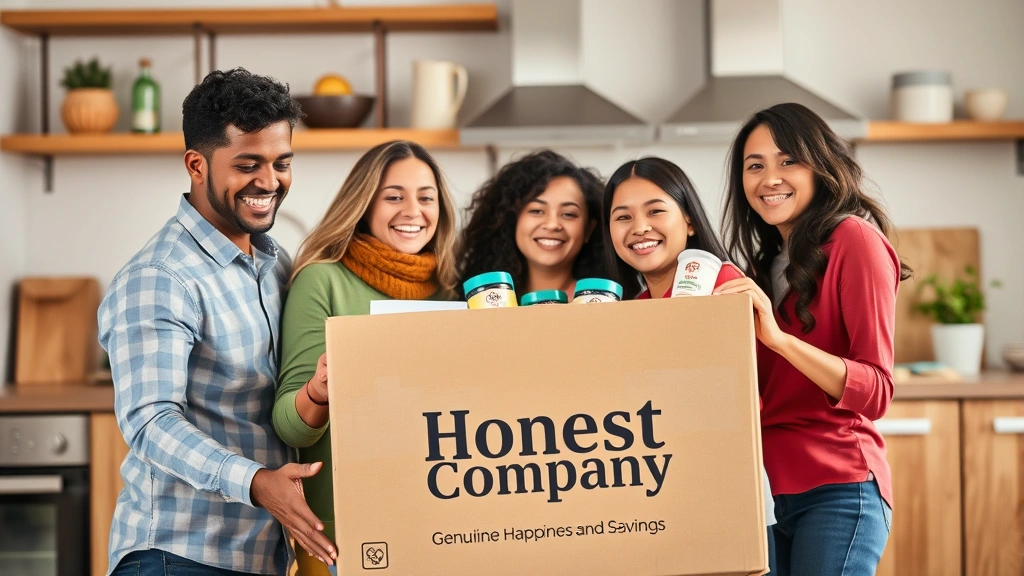 Diverse family of four unpacking cardboard box of delivered Honest Company products, smiling, kitchen setting, sustainable packaging visible, genuine happiness expressing value and savings achieved