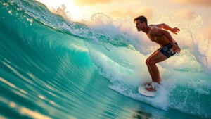 Professional surfer riding perfect wave in Hawaii, golden hour lighting, crystal clear water, muscular athlete in focus, surfboard visible, ocean spray, authentic action sports photography, no text or logos visible