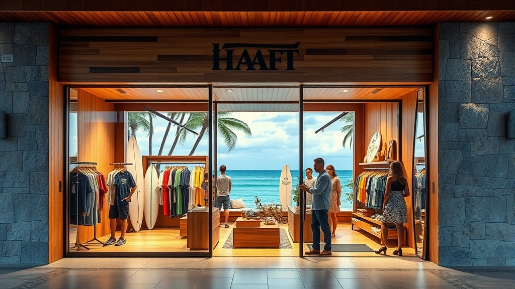 Modern retail storefront with Hawaiian aesthetic, natural wood and stone materials, ocean view visible through windows, customers browsing premium surf apparel, warm tropical lighting, minimalist elegant design, no signage text readable