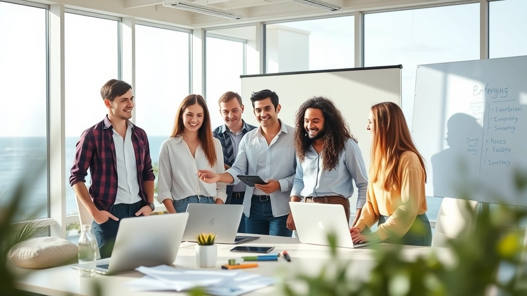 Diverse team of young professionals collaborating in bright office space with ocean view, whiteboard with strategy notes blurred, laptops and creative materials visible, casual business attire, energetic atmosphere, natural lighting from large windows