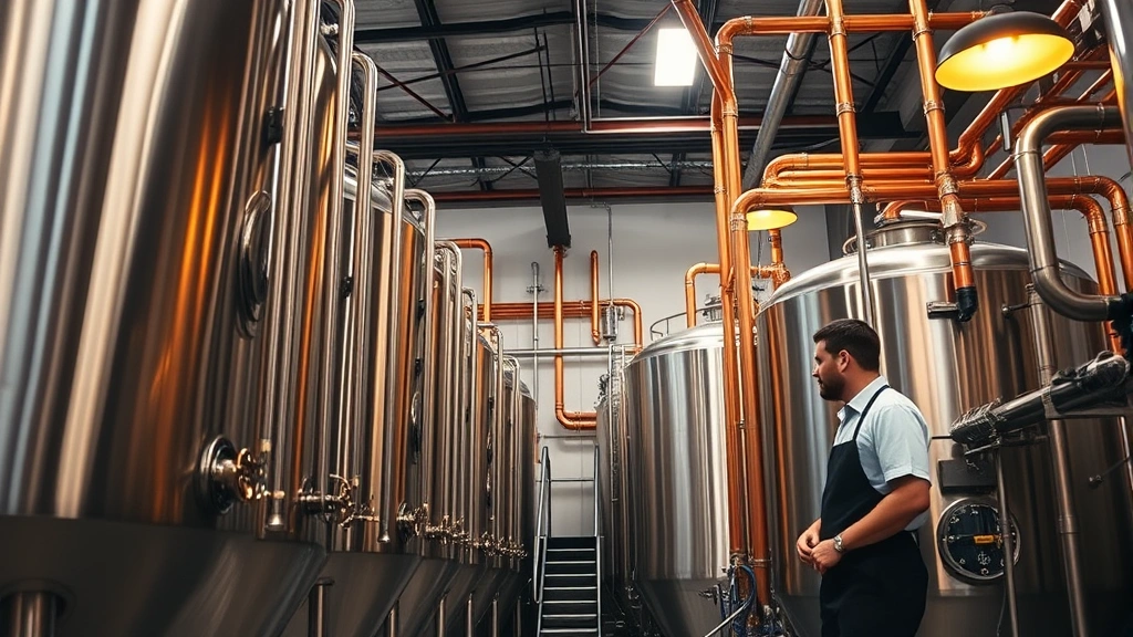 Professional craft brewery interior with stainless steel fermentation tanks, copper piping, and industrial lighting, brewmaster in work attire inspecting equipment, warm amber lighting from brewery fixtures