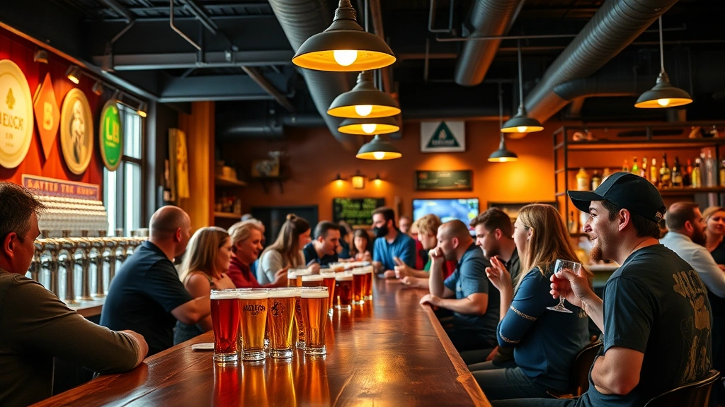 Vibrant taproom scene with customers enjoying beer at wooden bar counter, craft beer glasses, warm ambient lighting, casual social atmosphere, diverse group of patrons