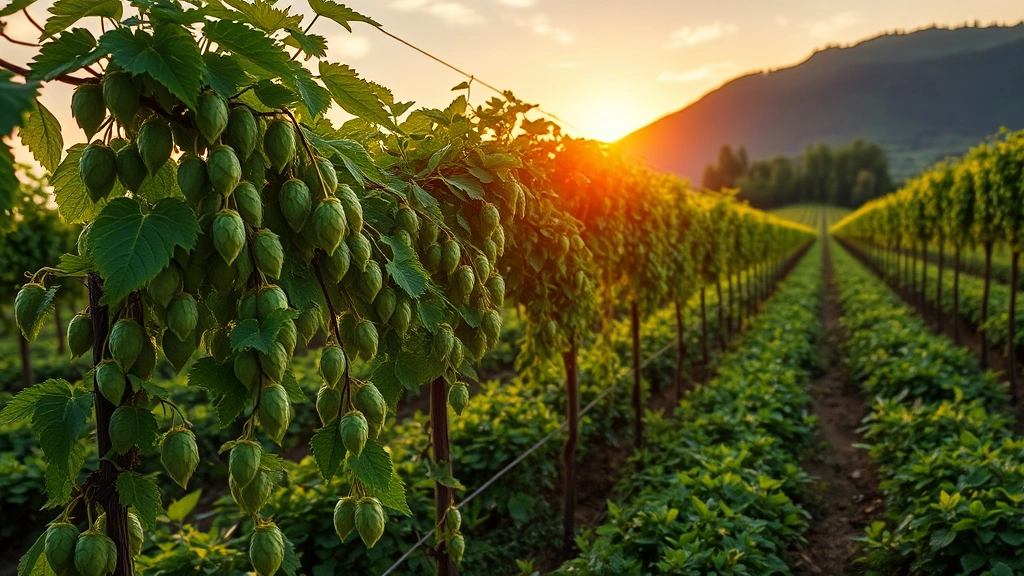 Hop vines growing on trellis in agricultural field during golden hour, lush green foliage, mountain backdrop, farm landscape, premium ingredient cultivation