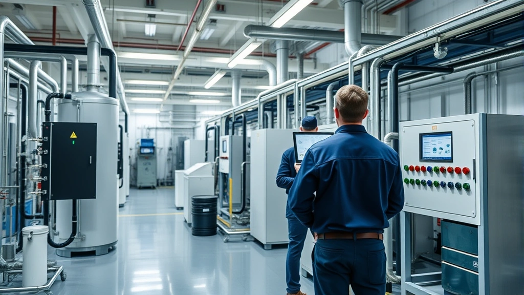 Professional water treatment facility with modern infrastructure, technicians monitoring control panels, industrial water purification equipment, clean facility environment, corporate operations setting