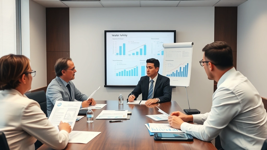Business meeting room with executives reviewing water utility documents and rate schedules, professional presentation materials, analytical charts and graphs, corporate decision-making environment