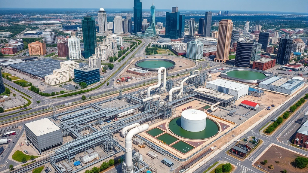 Aerial view of Houston cityscape with water distribution infrastructure, modern water pumping station, industrial water systems, urban water management facilities, infrastructure overview