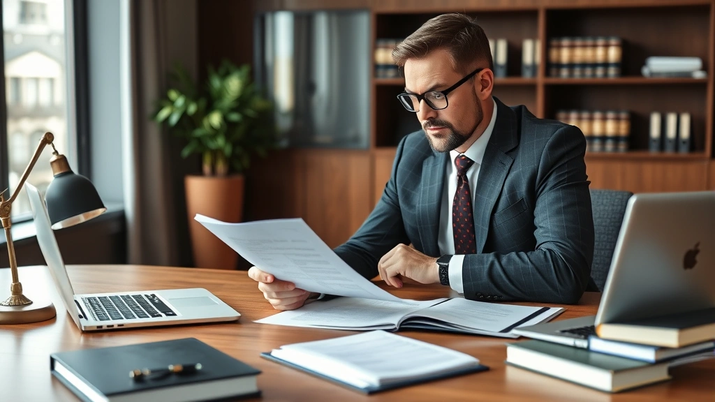 Professional male attorney in business suit reviewing legal documents at wooden desk with laptop, law books, and case files in modern office setting, serious focused expression
