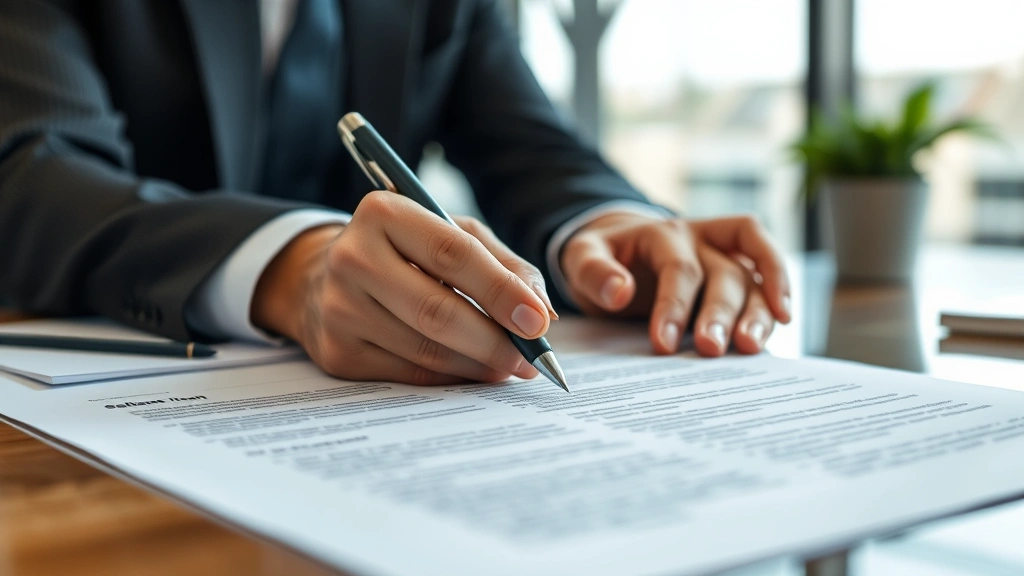 Close-up of hands signing settlement agreement document with pen, formal contract on table with legal paperwork, corporate office background blurred, business transaction moment